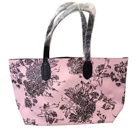 New VICTORIAS SECRET Pink Tote Bag with Black Floral Pattern Bag Purse With Tag - Picture 3 of 14